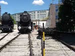 Einen 180-Grad-Rundumblick auf die Dampflok-Sammlung hat man bei der Mitfahrt auf der Drehscheibe im Hungarian Railway Museum, Budapest, 18.6.2016 