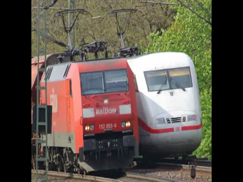 Zugbegegnung zwischen ICE in Richtung Norden und 152 053-5 mit Gz in Richtung Sden in der Einfahrt Eichenberg. Aufgenommen am 16.05.2010.