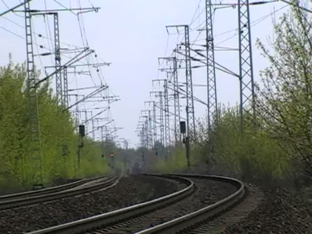 Zwei 151er ziehen einen schweren Gterzug durch die Wuhlheide. Man sieht das Flimmern ber den erwrmten Gleisen, die Sonne ist jedoch gerade weg. 27.4.2008