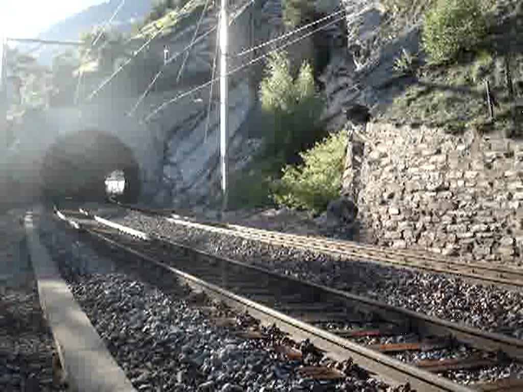 Zwei Re 465 kommen mit einem Hupac-Zug aus dem Schluchitunnel whrend der Cisalpino ETR 470 hineinfhrt. 18.5.2007